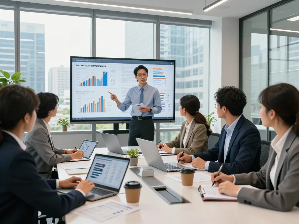 Team discussing large scale project financing strategies in a modern corporate office with digital displays.