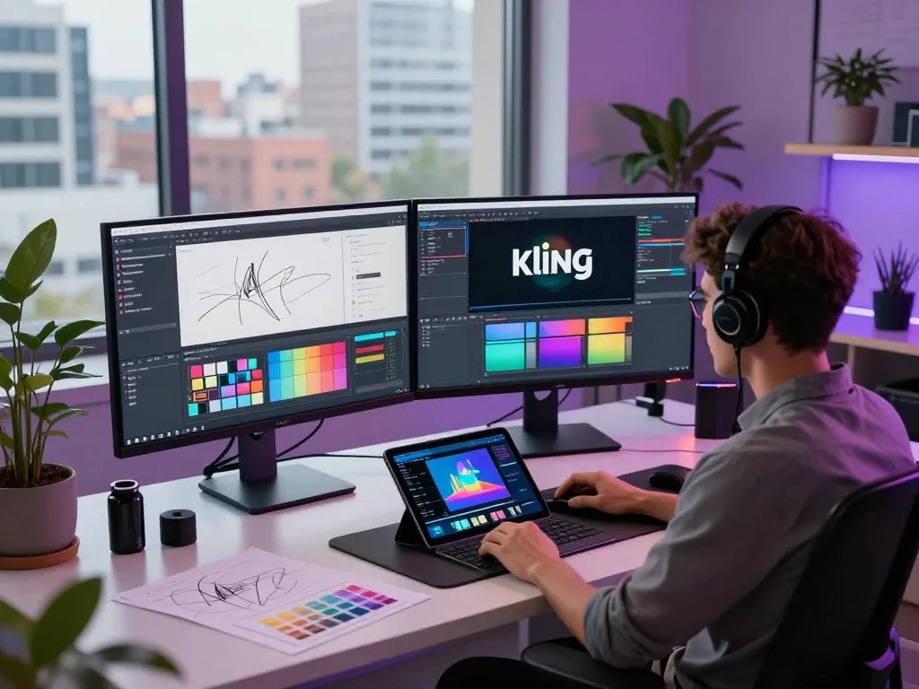 Digital artist using Kling motion ai for innovative video creation in a modern workspace