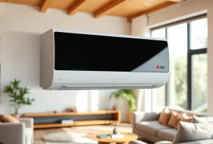 Showcasing Mitsubishi mini split AC in a stylish living room, blending functionality with modern design.