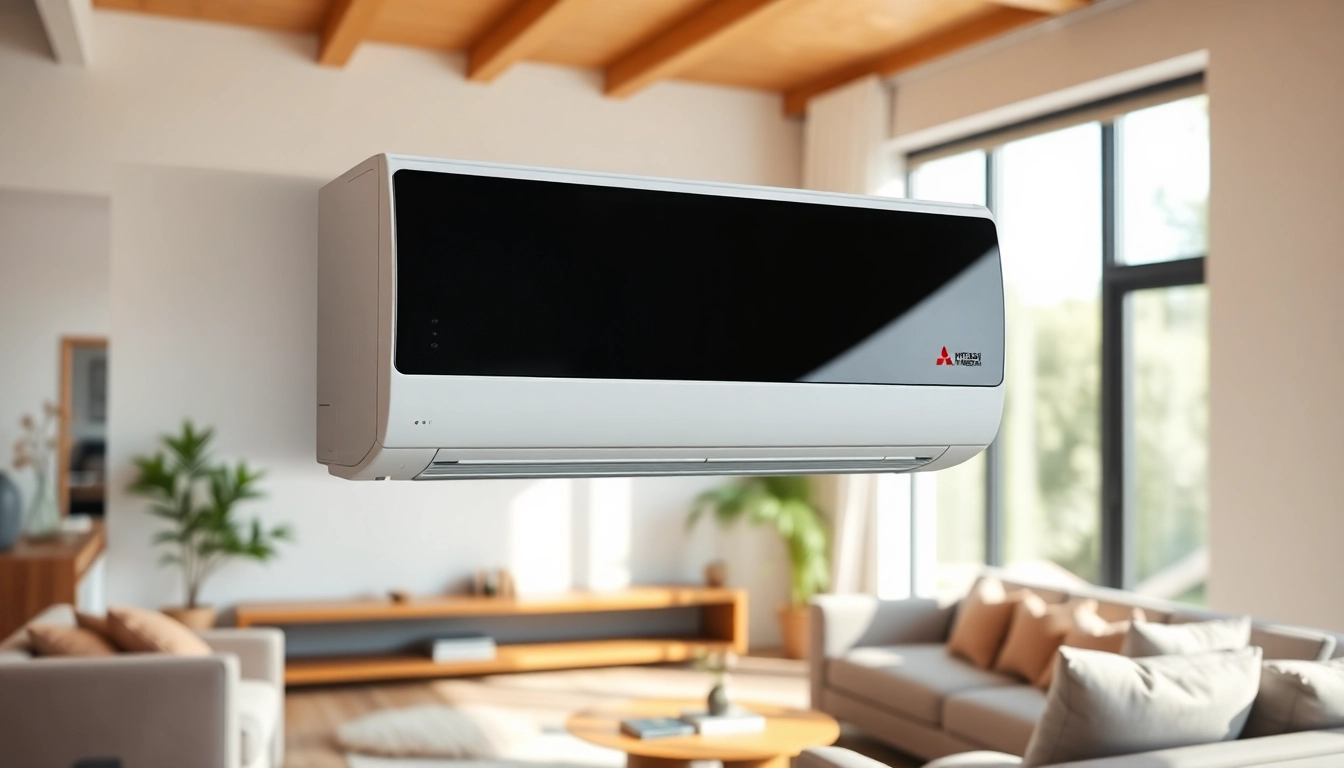 Showcasing Mitsubishi mini split AC in a stylish living room, blending functionality with modern design.