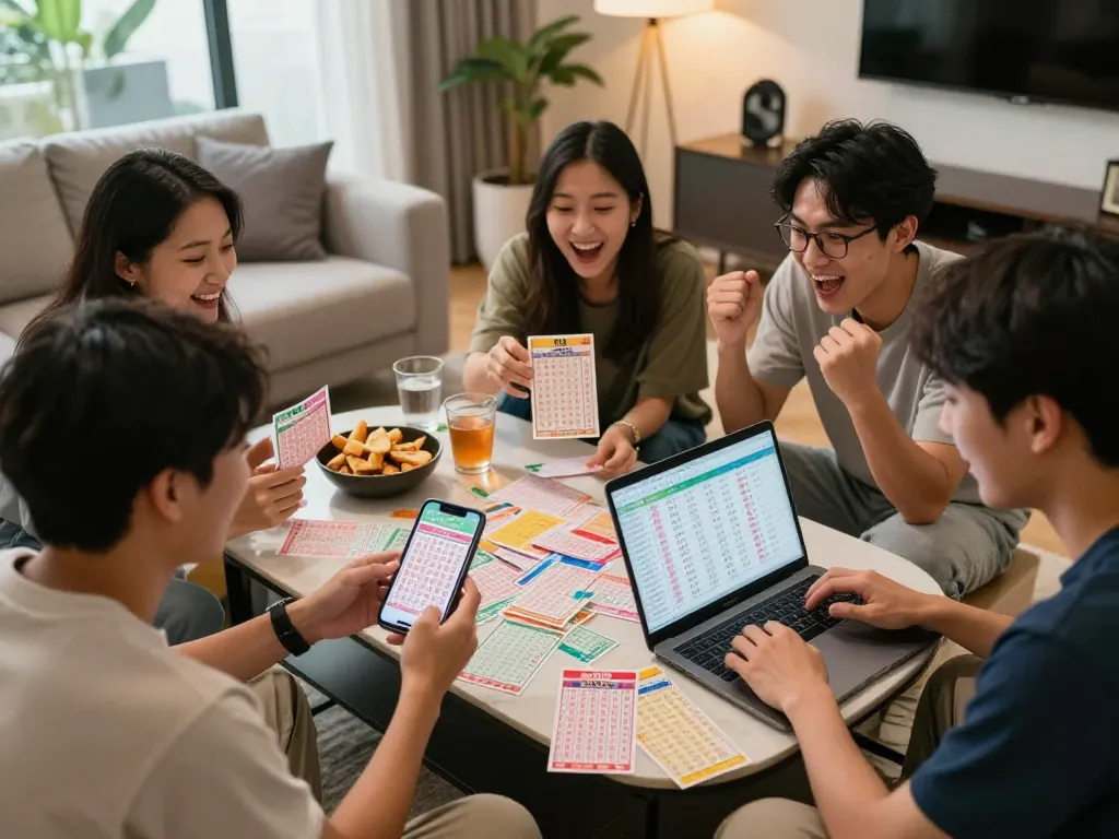 Sahabat yang bersemangat membahas hasil lotere HK sambil menganalisis tiket dan data undian langsung.