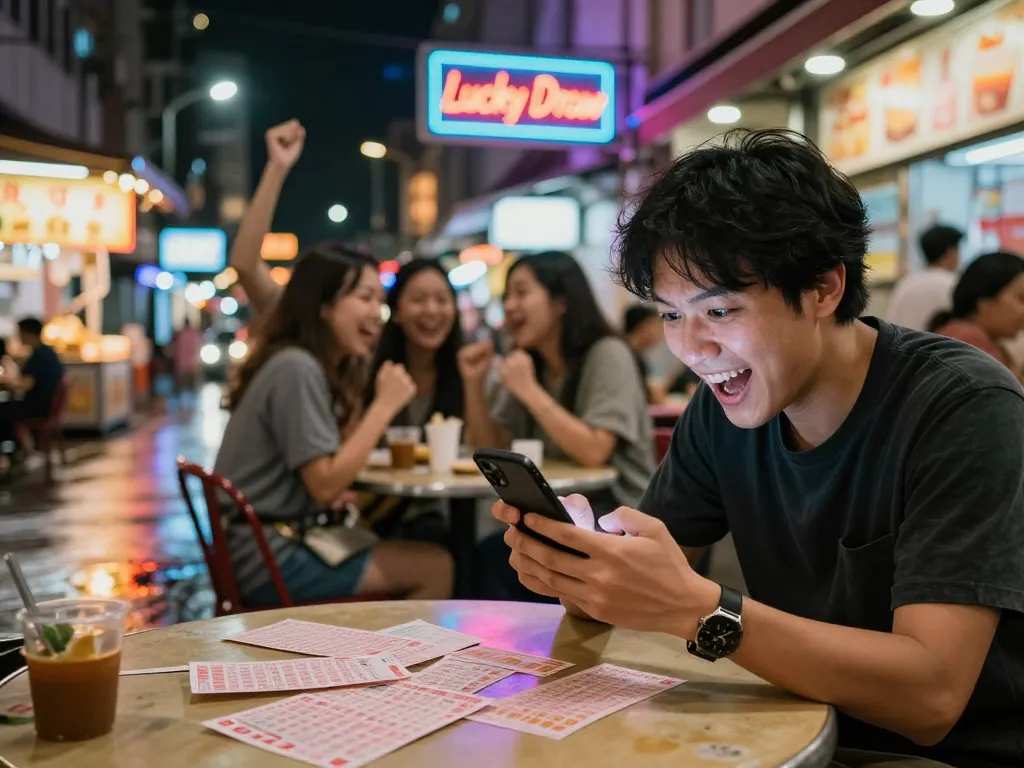 Orang memeriksa nomor lotre HK di kafe yang ramai di malam hari.