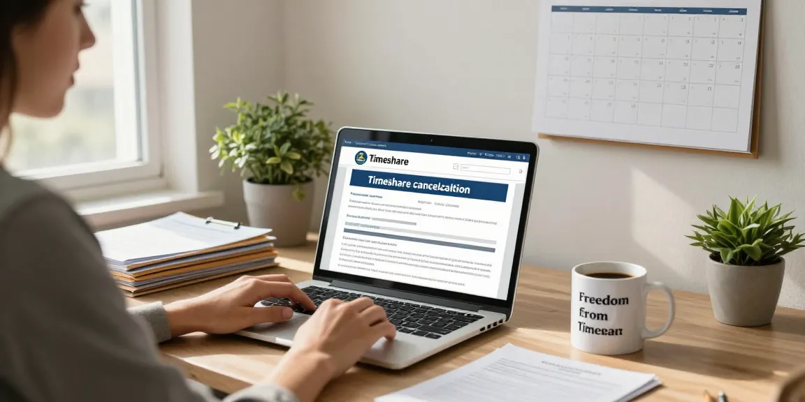 Individual working in a home office to cancel timeshare with organized documents and a warm atmosphere.