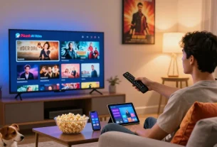 Pikashow APK user streaming movies in a cozy living room.