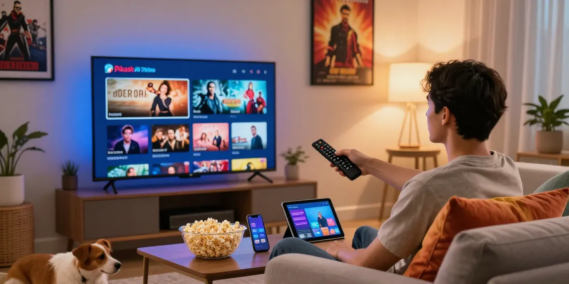 Pikashow APK user streaming movies in a cozy living room.