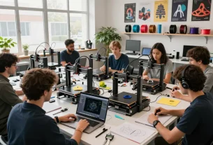 3D Printing workshop with designers collaborating and 3D printers showcasing innovation.