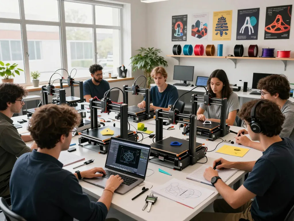 3D Printing workshop with designers collaborating and 3D printers showcasing innovation.