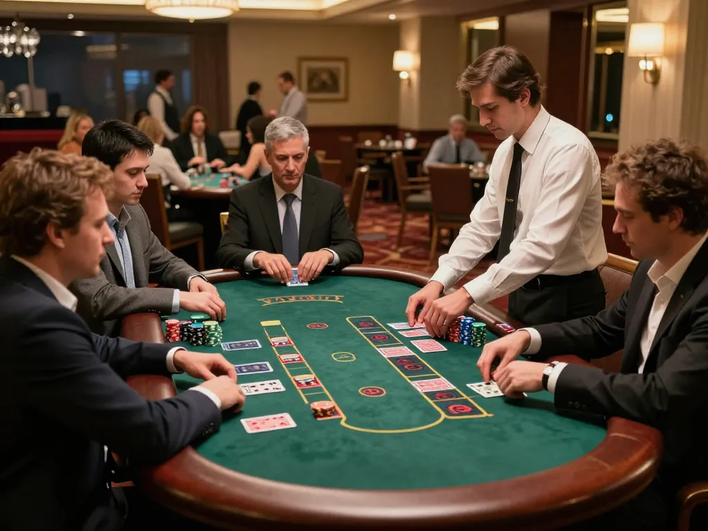 Players placing bets at 88xeng blackjack table in a lively casino, showcasing strategic gaming.
