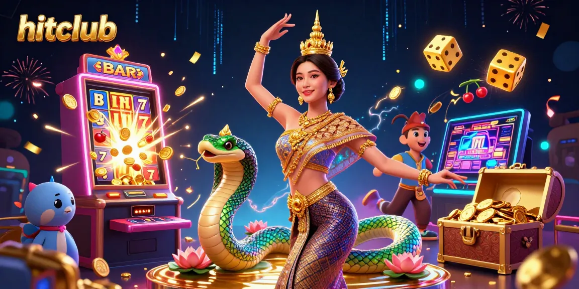 Hitclub showcases a vibrant casino scene with a stunning Thai dancer and colorful elements.