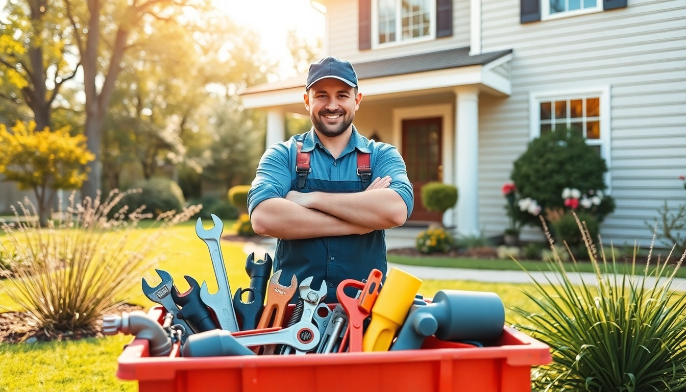 Find a qualified plumber near me, showcasing a skilled professional with tools in a home setting.