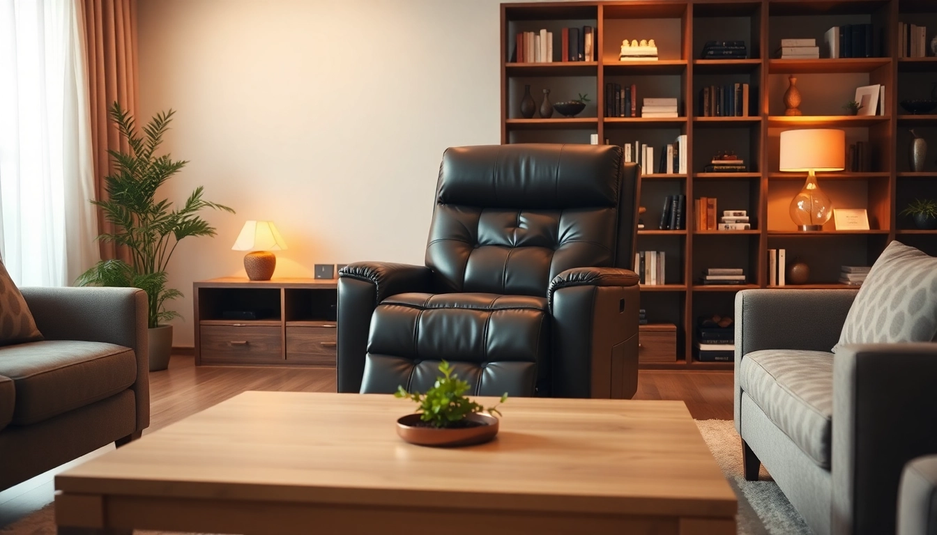 Person relaxing in a leather power lift recliner, showcasing comfort and style.
