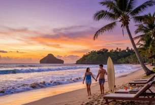 Discover Bali tour packages with a couple walking on a beautiful beach at sunset.