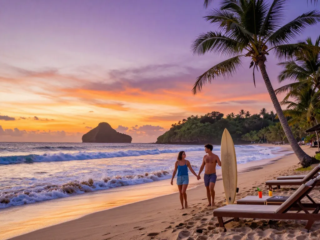 Discover Bali tour packages with a couple walking on a beautiful beach at sunset.