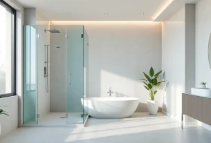 Showcase of elegant showers au design featuring a modern glass enclosure in a serene bathroom setting.
