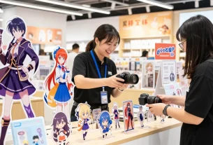 Engaging retail scene showcasing custom acrylic stand display with colorful designs.