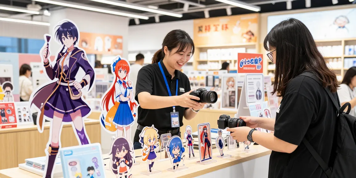 Engaging retail scene showcasing custom acrylic stand display with colorful designs.