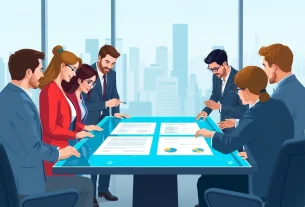 Streamlined contract management discussion among diverse professionals using digital tools.