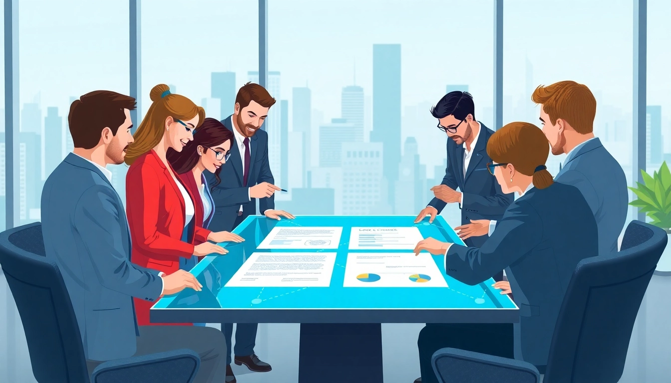 Streamlined contract management discussion among diverse professionals using digital tools.
