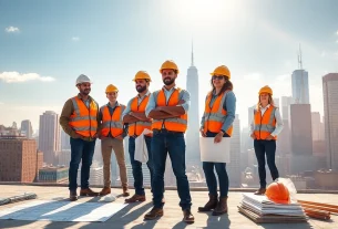 Experienced Manhattan Commercial General Contractor overseeing a construction project with a city skyline backdrop.