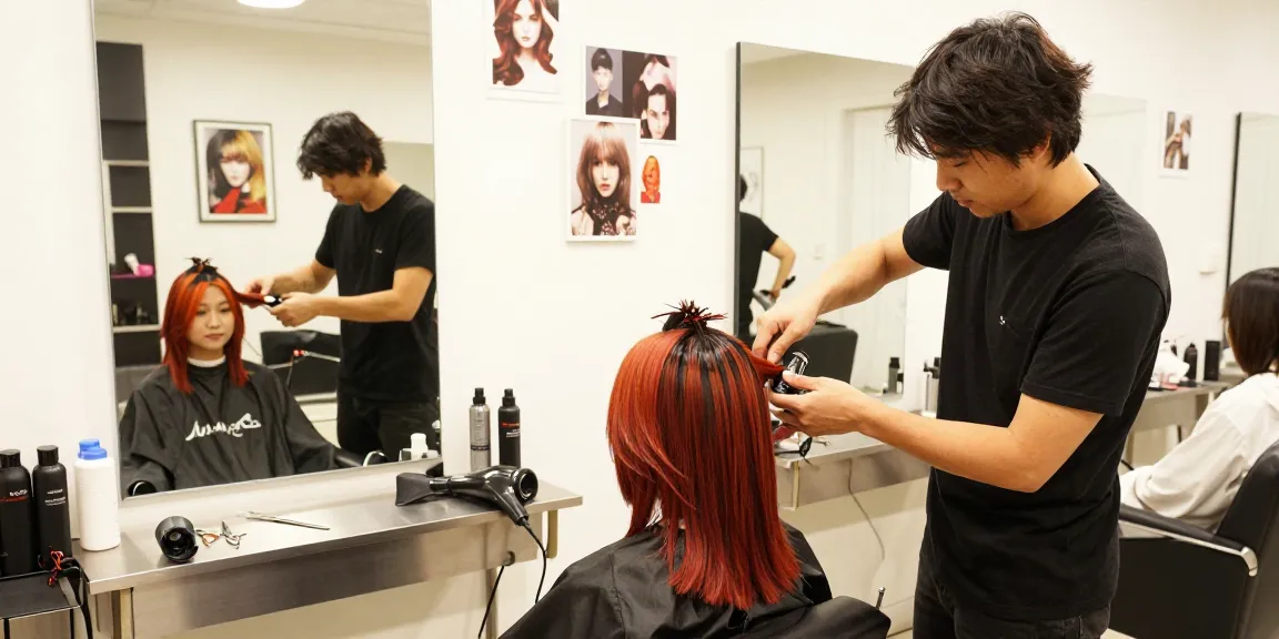 Stylish hair salon scene showcasing a model with a trendy hair style trend and a professional stylist.