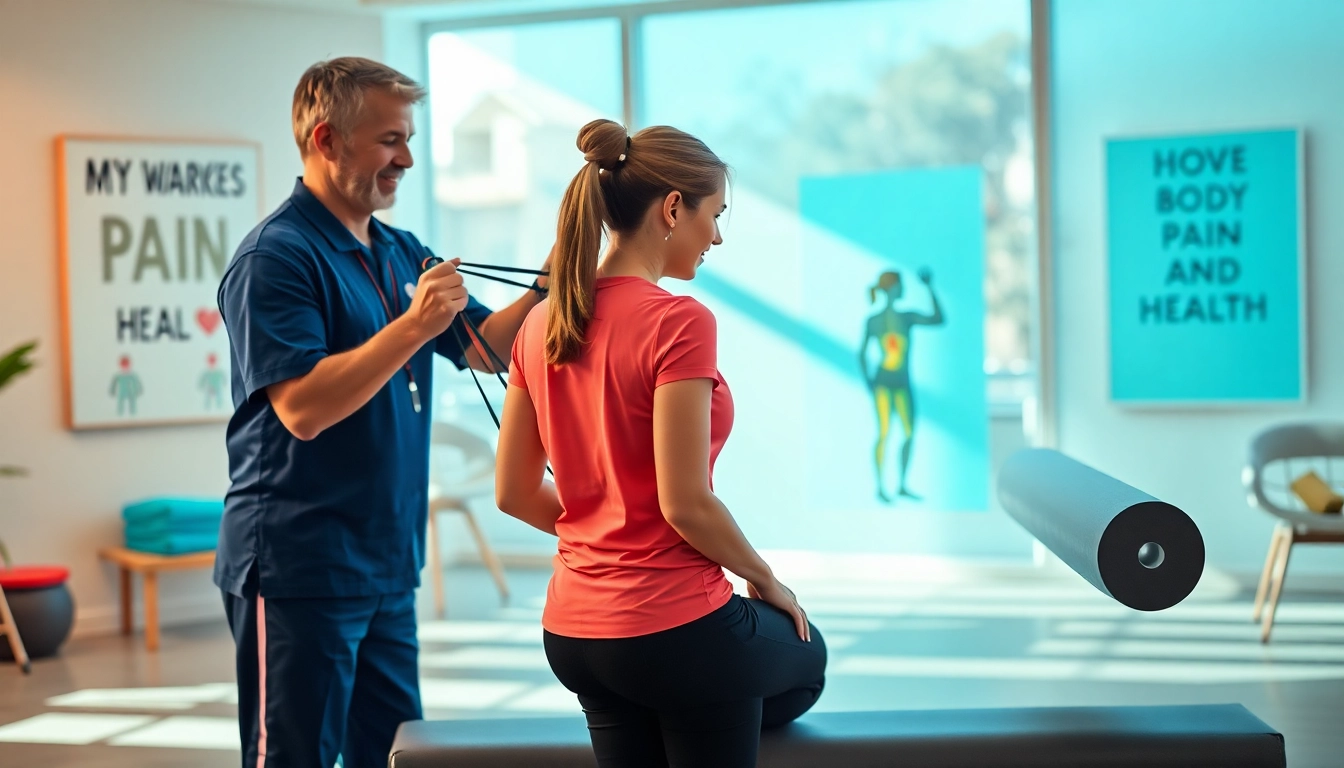 Therapist demonstrating back pain solutions with a patient in a bright, modern clinic.