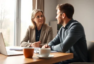 Career coaching session with a professional coach and client in a bright office.