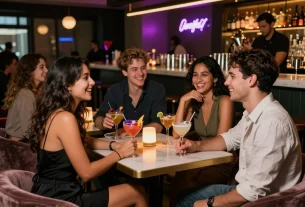 Gathering of friends at a bar enjoying drinks, showcasing urban nightlife with nsfw elements.