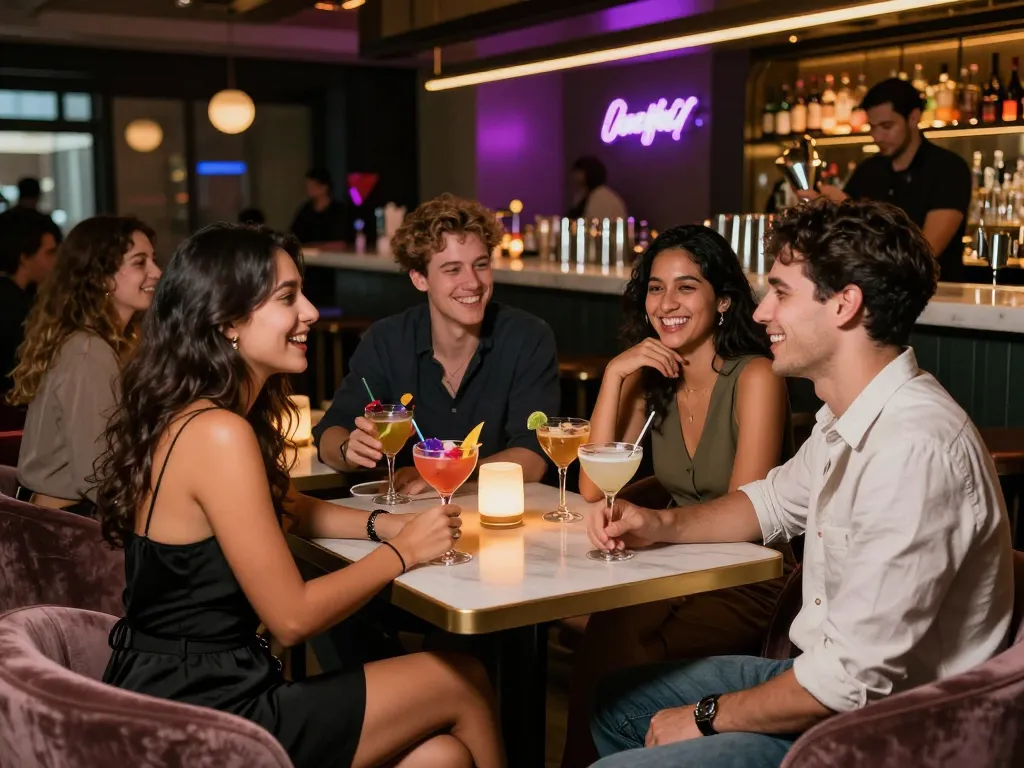 Gathering of friends at a bar enjoying drinks, showcasing urban nightlife with nsfw elements.