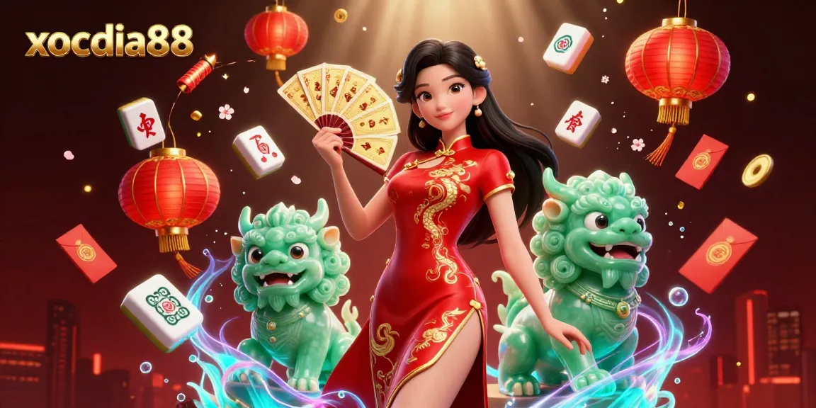 Xocdia88 offers exciting gameplay through a vibrant illustration featuring a captivating lady, games, and festive elements.