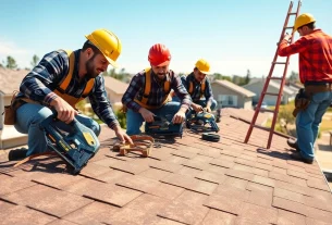 Expert roofing contractor team installing a roof on a sunny residential property.