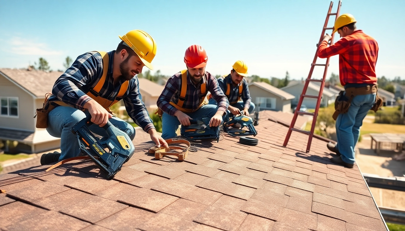 Expert roofing contractor team installing a roof on a sunny residential property.