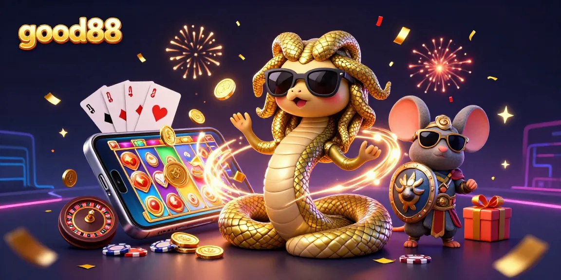 good88 spins to win with an energetic casino scene featuring Medusa and a warrior mouse.