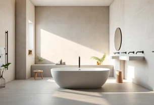 Highlighting bath reconstruction, a modern bathroom featuring a luxurious freestanding bathtub.