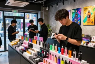 Exploring top products at a Seoul vape shop with vibrant displays and lively ambiance.