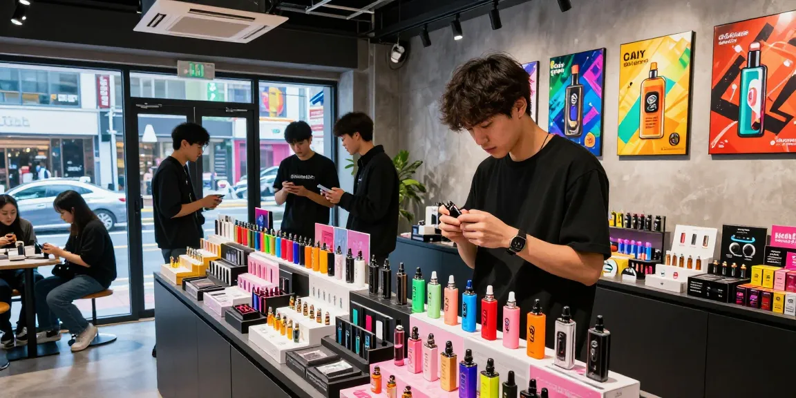 Exploring top products at a Seoul vape shop with vibrant displays and lively ambiance.
