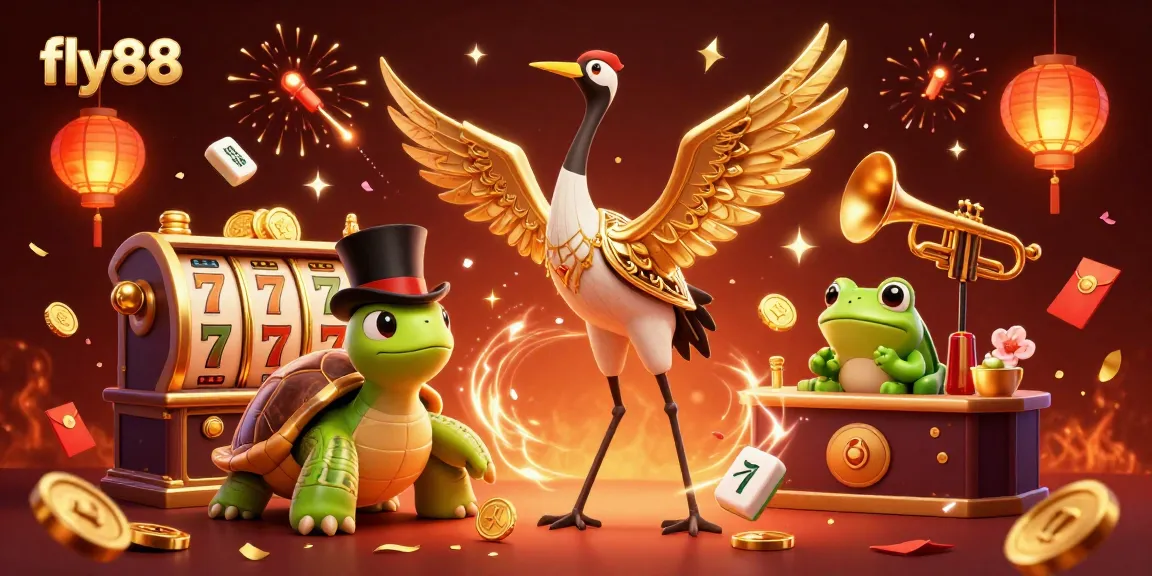 Experience the excitement of fly88 with vibrant slot reels and animated characters in a festive casino scene.