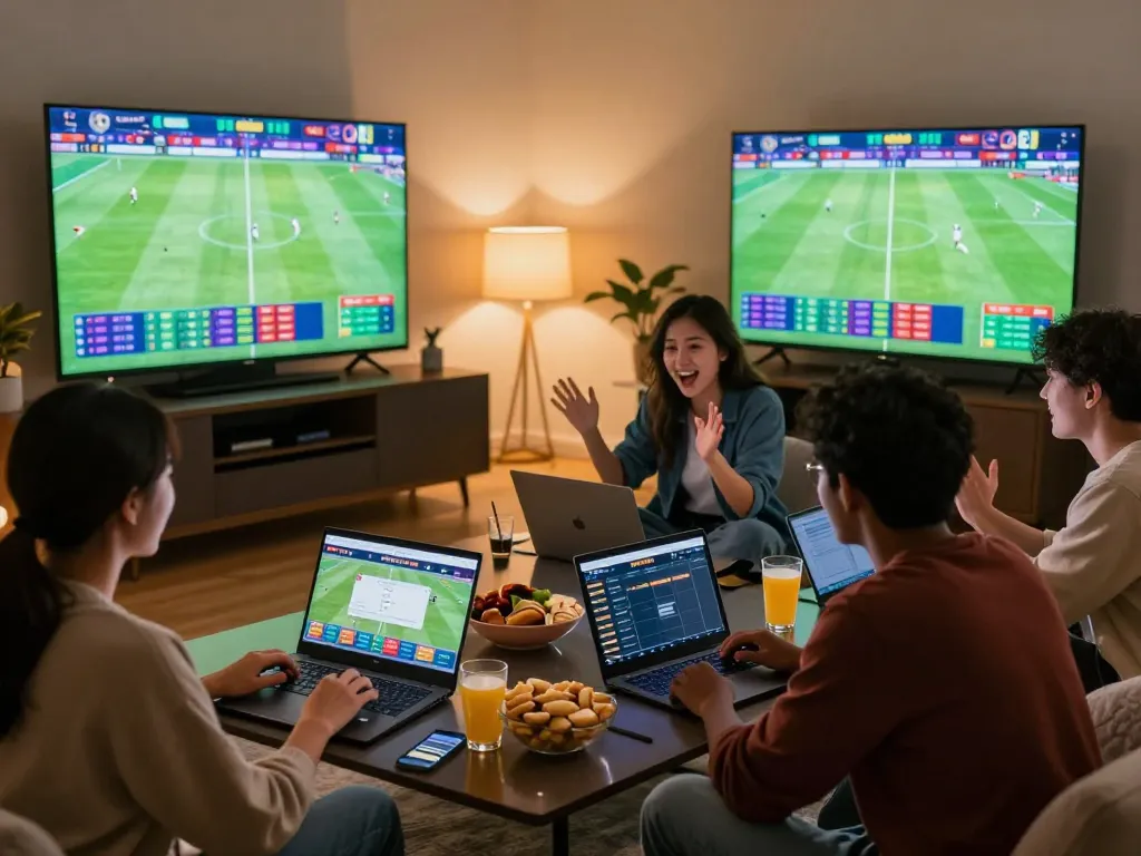 Engaged friends watching soccer and placing bets at https://okfun.onl/ in a lively home setting.