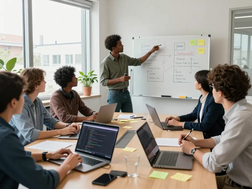 Team discussing WPS software development strategies in a modern office.