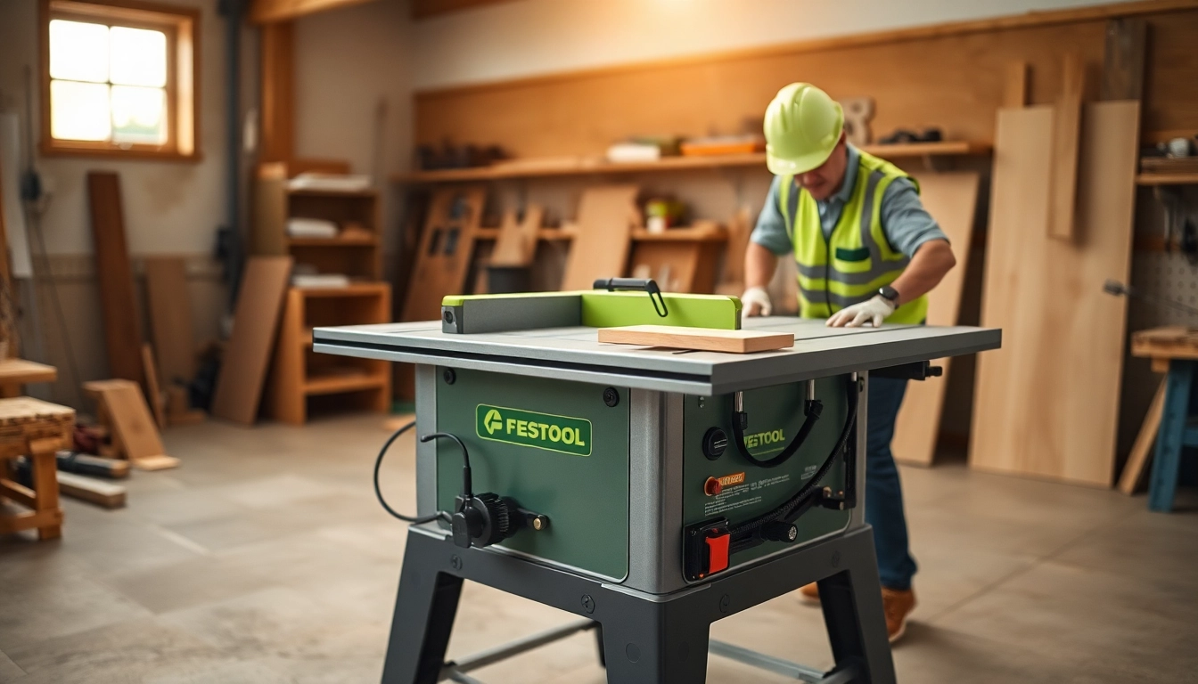 Use the Festool table saw for precise and safe woodworking projects in a professional workshop.