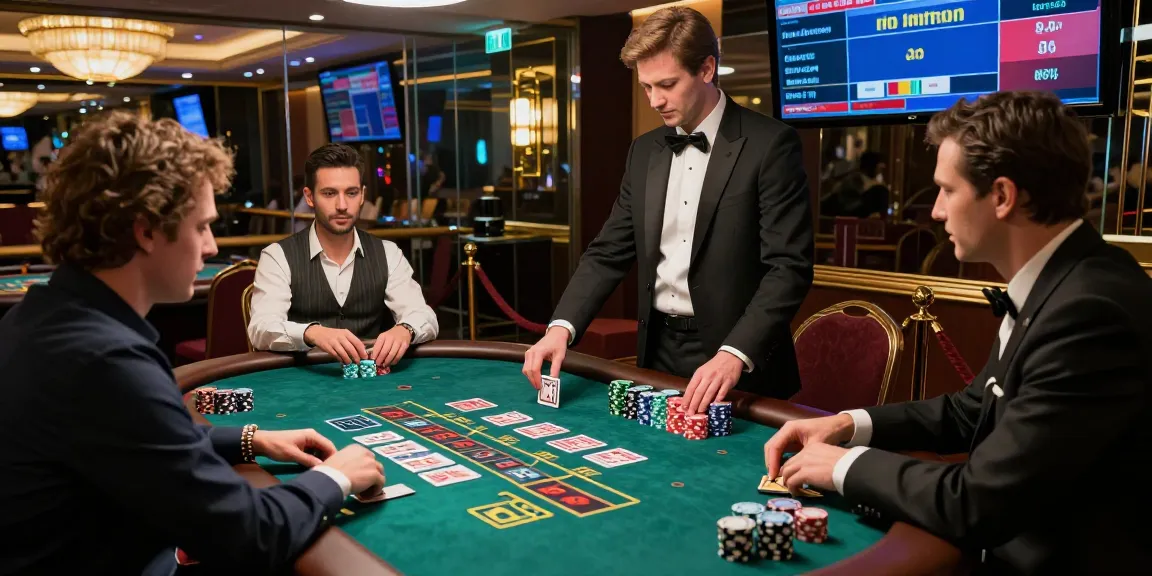 Baccarat game scene showcasing players and dealer in elegant casino atmosphere, emphasizing strategic decision-making.