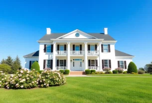 Colonial home construction showcasing classic design elements amidst a vibrant green lawn.
