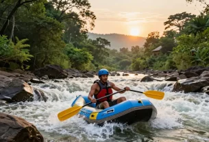 Dandeli resorts offer thrilling white-water rafting adventures on the Kali River amid lush greenery.