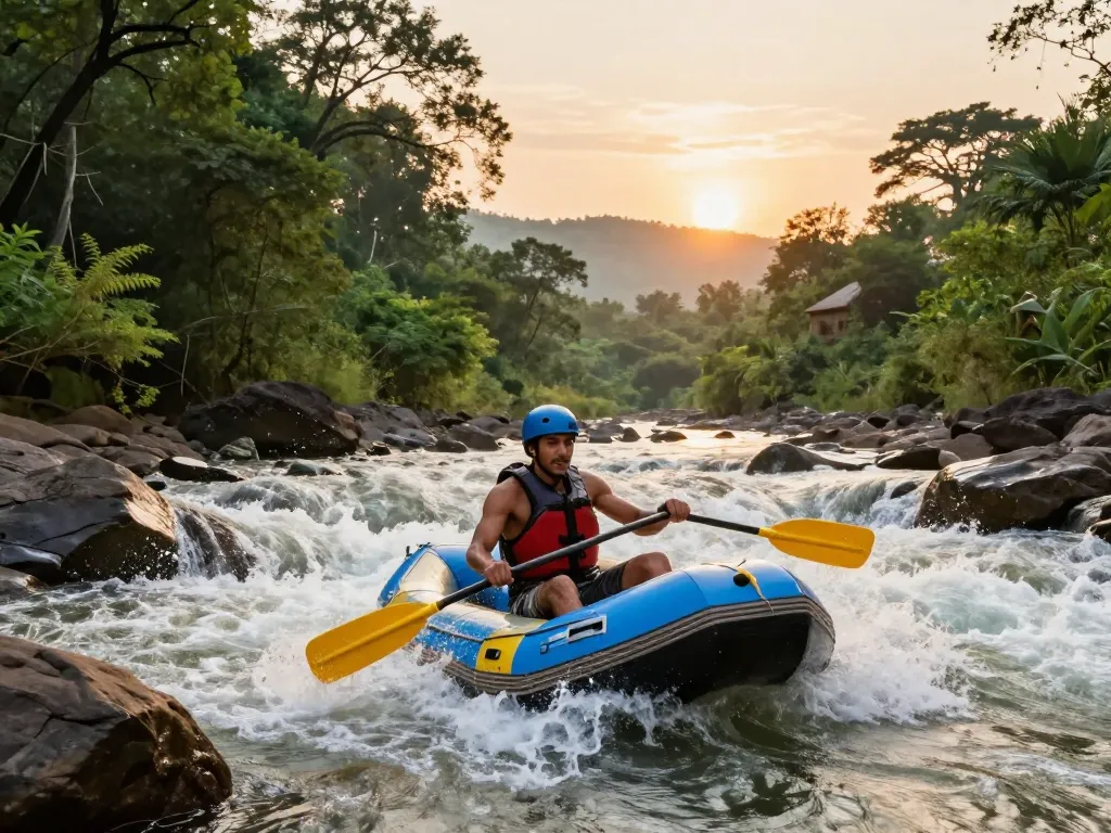 Dandeli resorts offer thrilling white-water rafting adventures on the Kali River amid lush greenery.