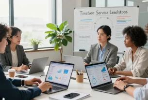 Diverse team collaborating in a modern office, strategizing how to get more service leads automatically with digital tools.