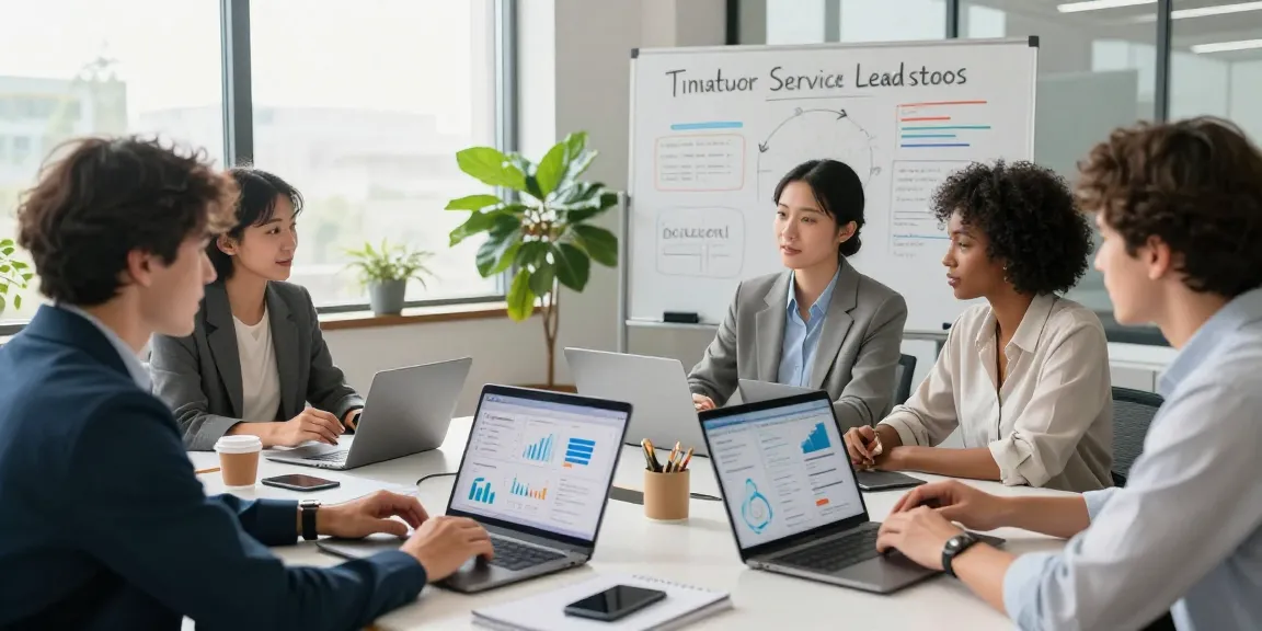 Diverse team collaborating in a modern office, strategizing how to get more service leads automatically with digital tools.
