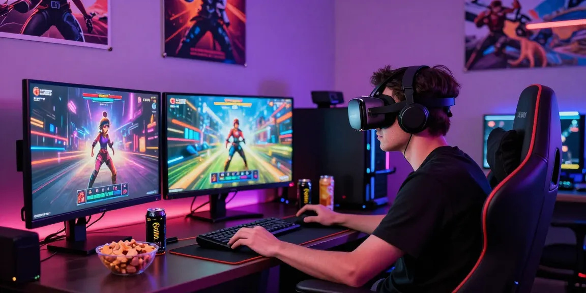 Engaging gamer setup highlighting nsfw ai themed games with vibrant lighting and immersive technology.