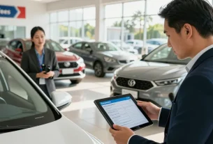 Car history check UK report being reviewed by a buyer at a dealership.