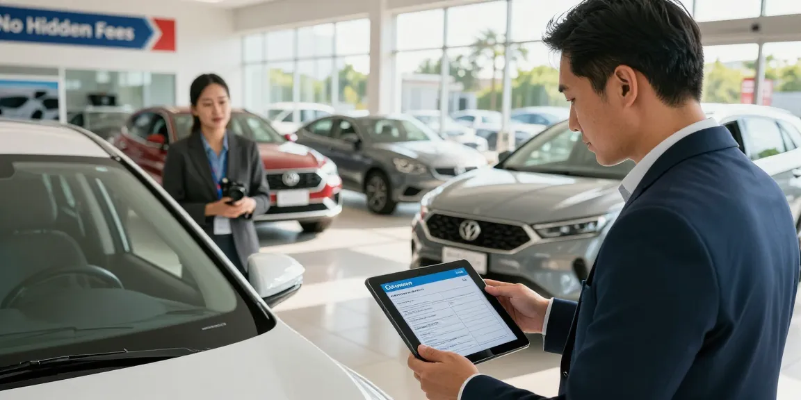Car history check UK report being reviewed by a buyer at a dealership.