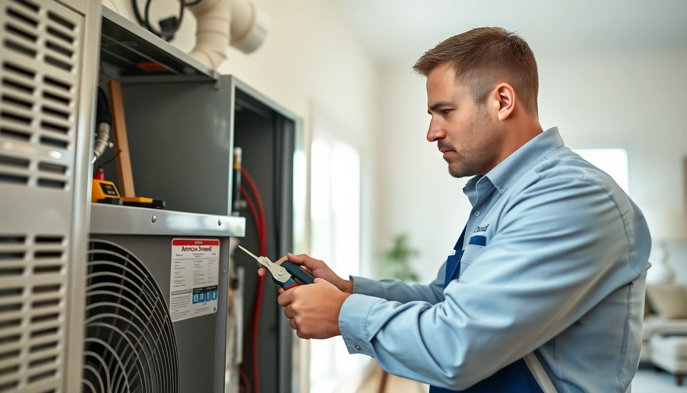 Engaging American Standard HVAC dealer technician performing maintenance in a home environment. related image