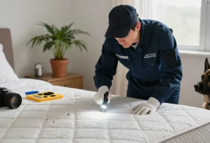 Bed bug exterminator inspecting mattress seams for bed bugs in a bright bedroom.